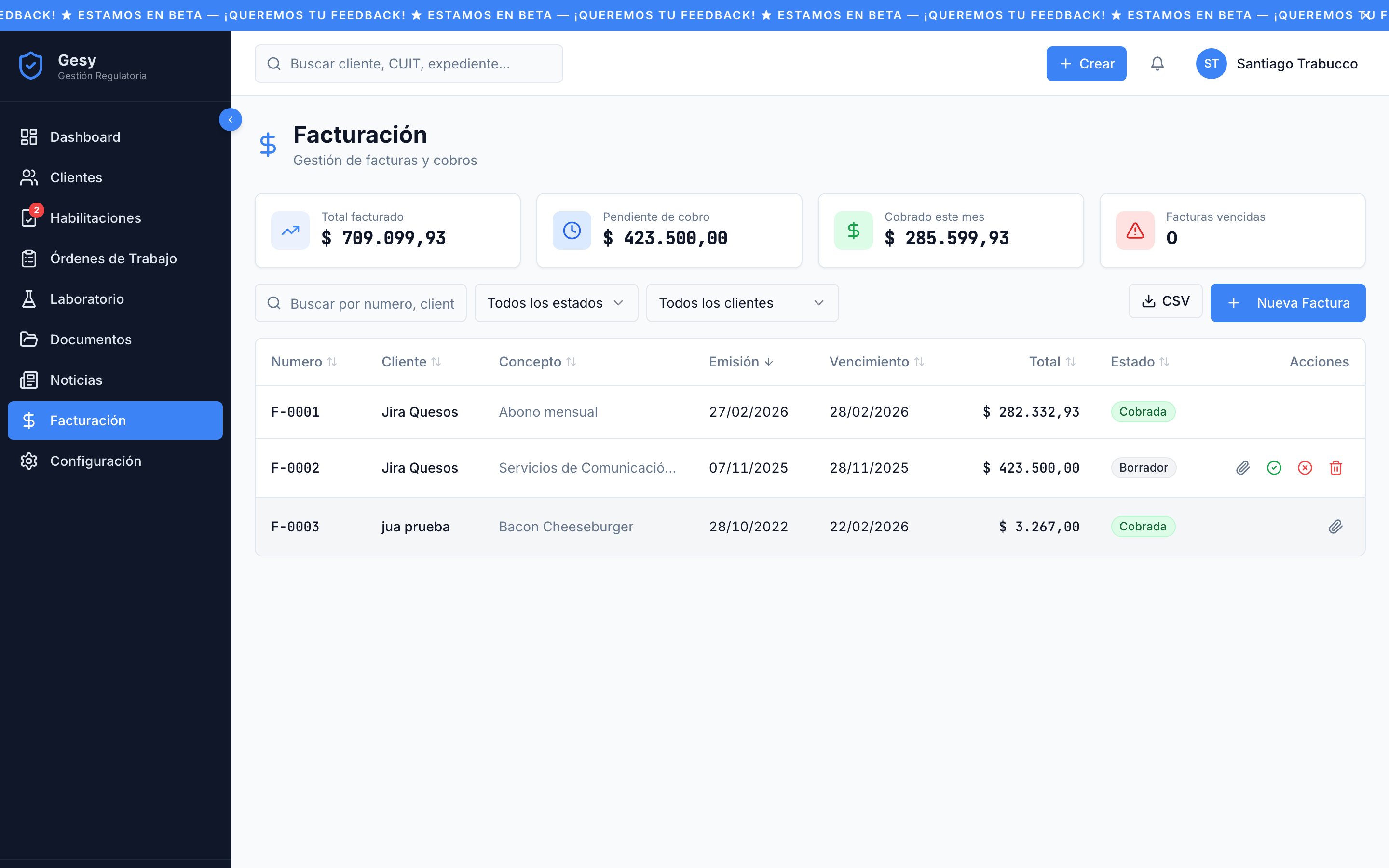Tabla de facturación