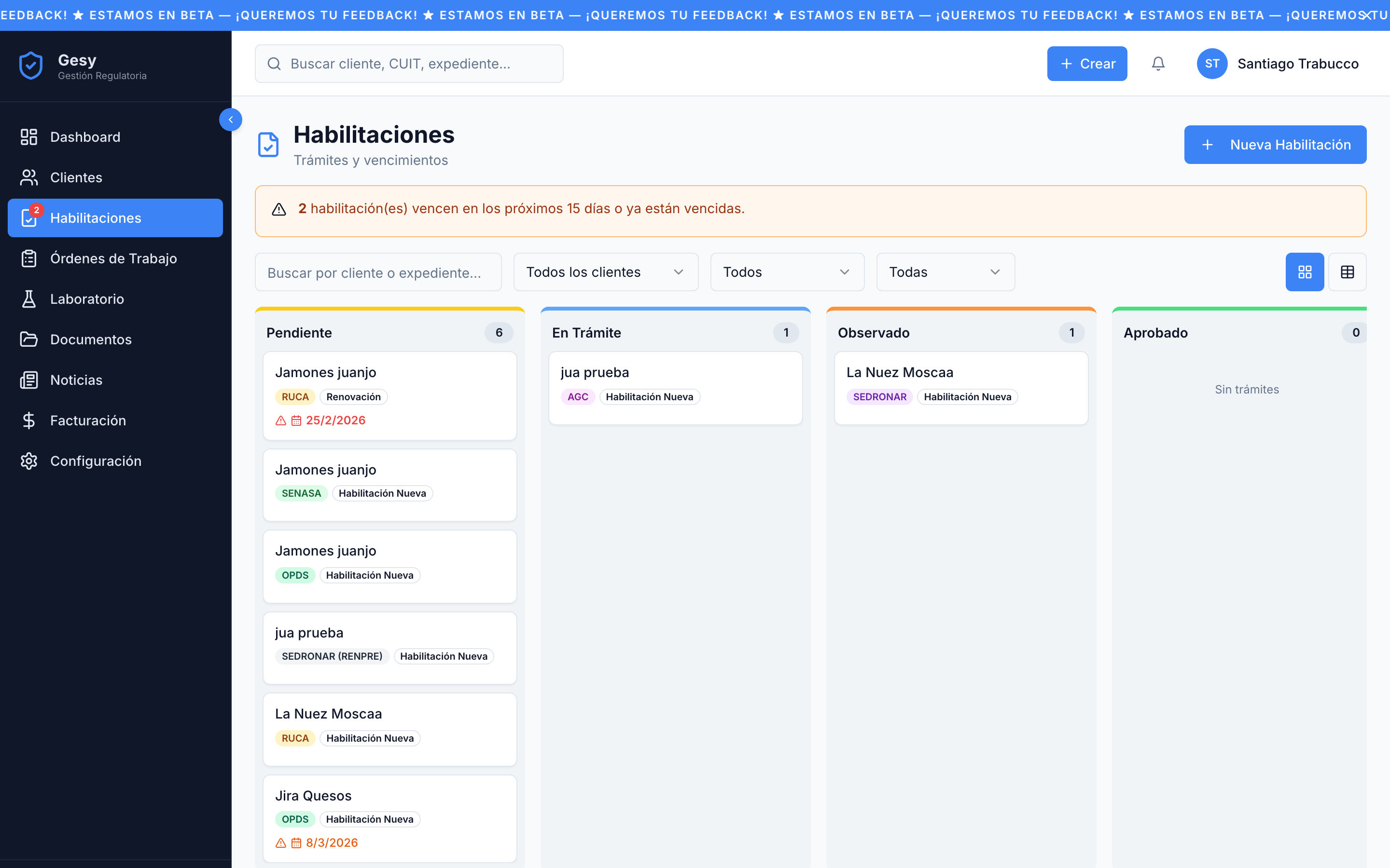 Kanban de habilitaciones por estado